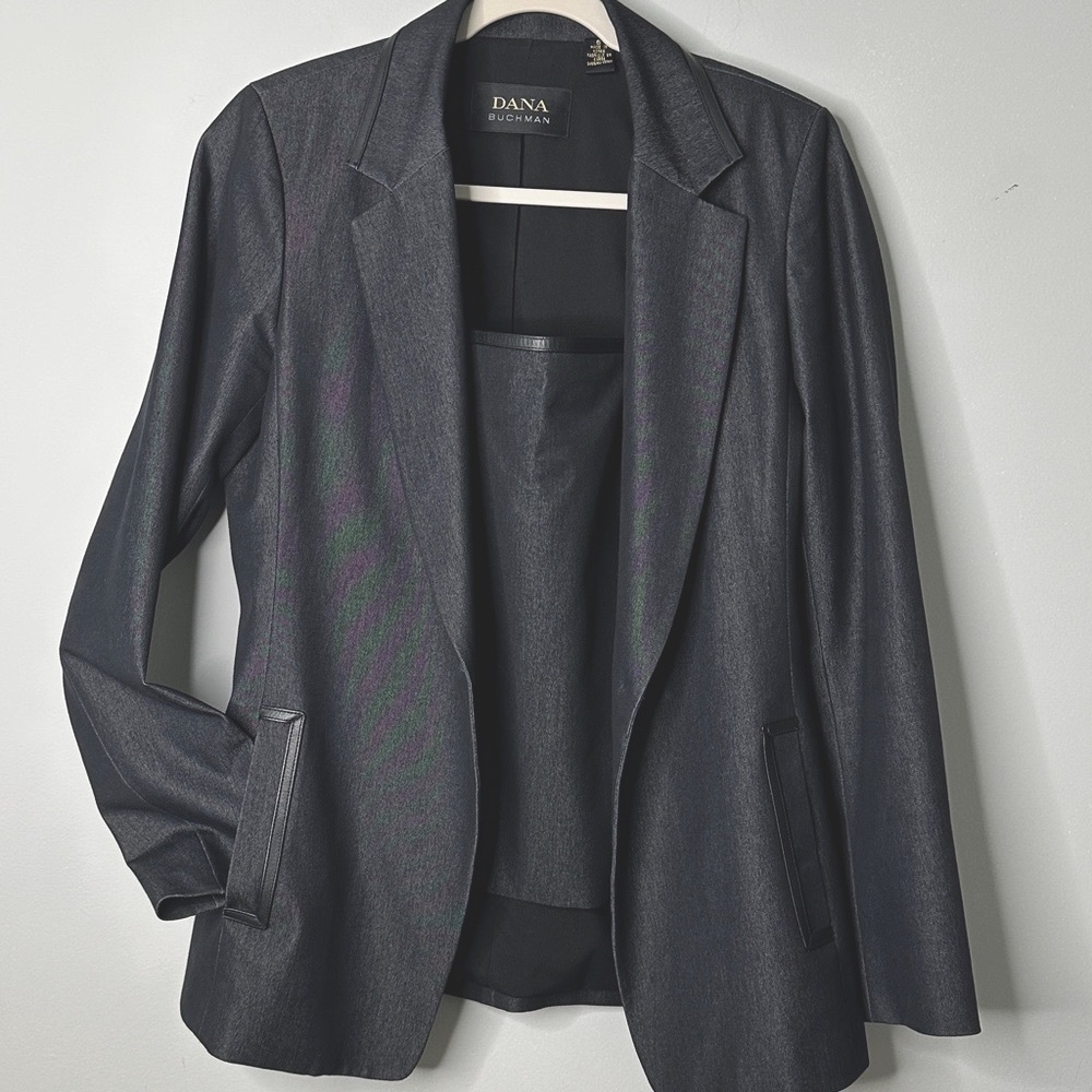 Dana Buchman 2 piece  blazer and matching cami. Charcoal grey Black leather trim